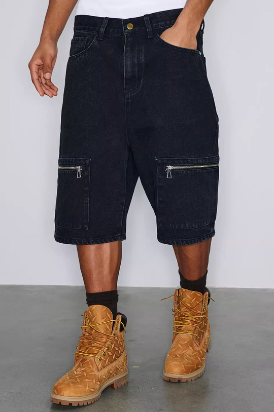 NOVACAM Washed Denim Zip Pocket Work Baggy Shorts | Face 3 Face