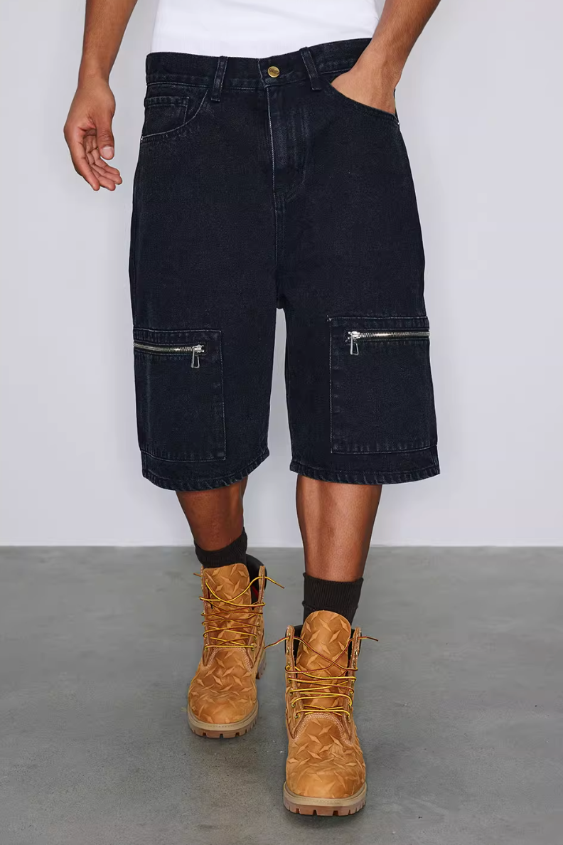 NOVACAM Washed Denim Zip Pocket Work Baggy Shorts | Face 3 Face