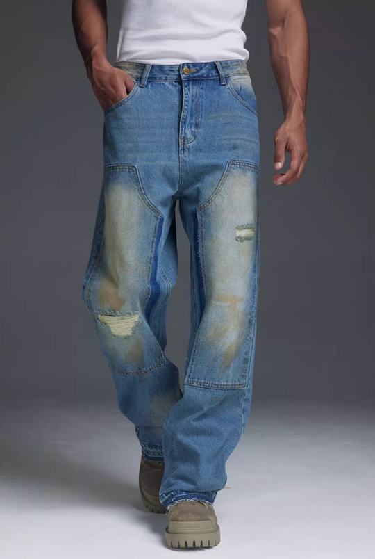 NOVACAM Washed Distressed Double Knee Jeans | Face 3 Face