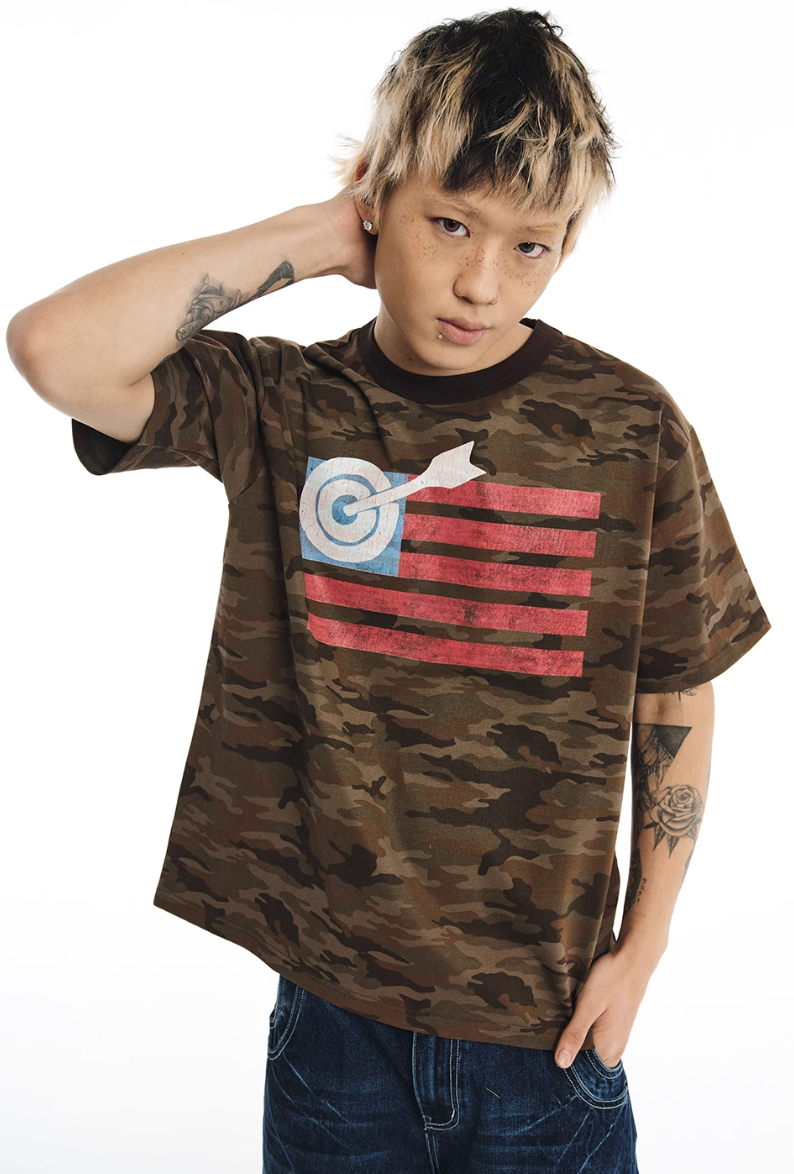 NOVACAM Washed Backstitch Vintage Print Black & Camouflage Tee | Face 3 Face