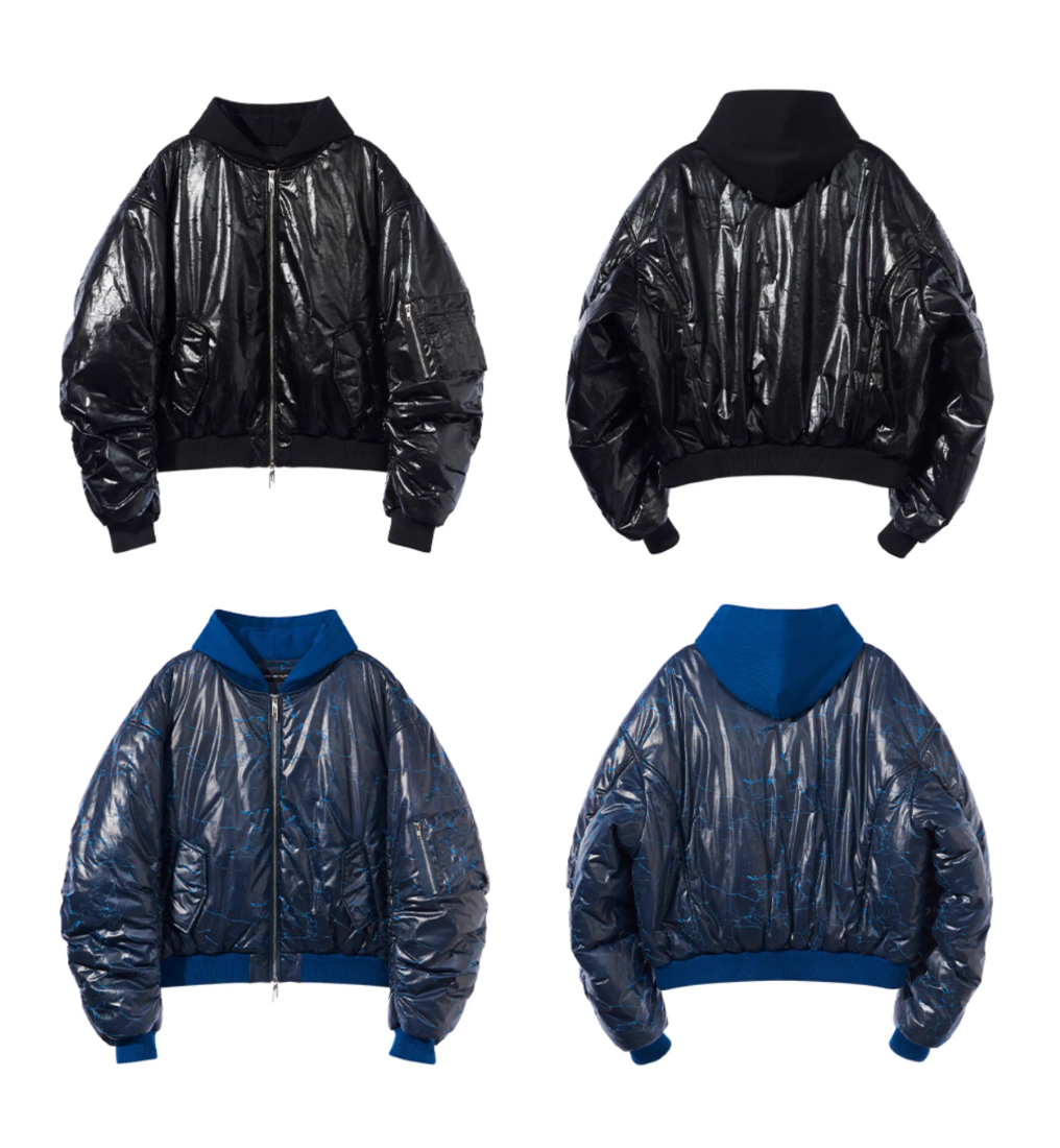 BLIND NO PLAN Crackle-Textured Hooded Bomber Jacket | Face 3 Face