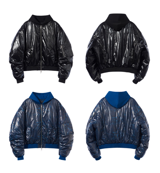 BLIND NO PLAN Crackle-Textured Hooded Bomber Jacket | Face 3 Face