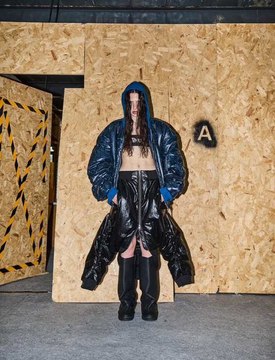 BLIND NO PLAN Crackle-Textured Hooded Bomber Jacket | Face 3 Face