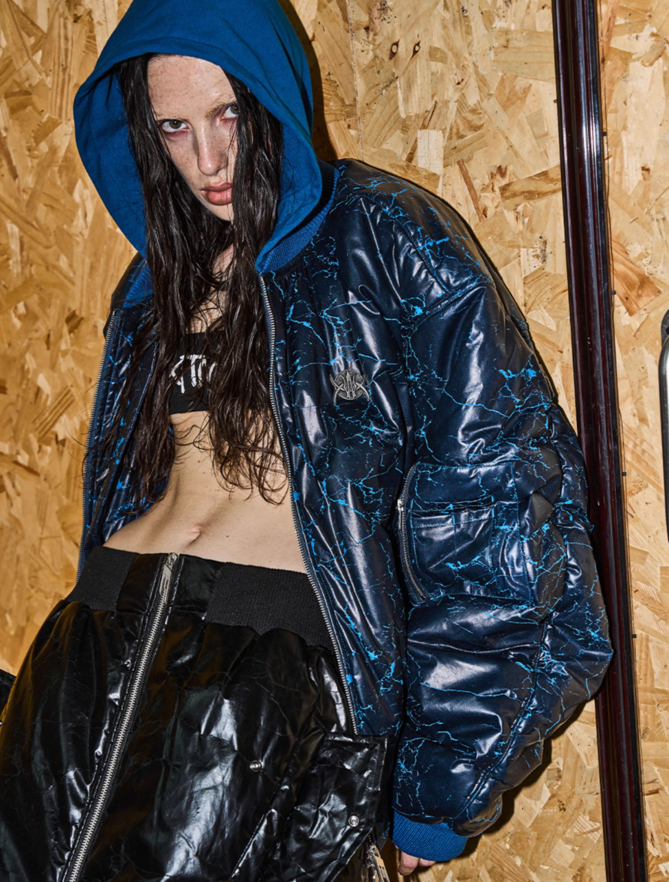 BLIND NO PLAN Crackle-Textured Hooded Bomber Jacket | Face 3 Face