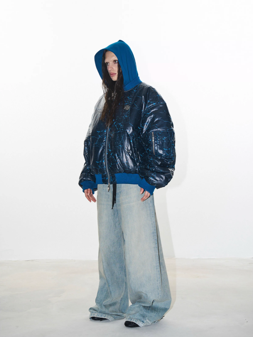 BLIND NO PLAN Crackle-Textured Hooded Bomber Jacket | Face 3 Face