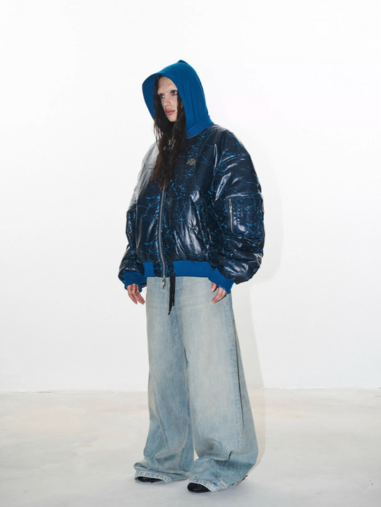 BLIND NO PLAN Crackle-Textured Hooded Bomber Jacket | Face 3 Face