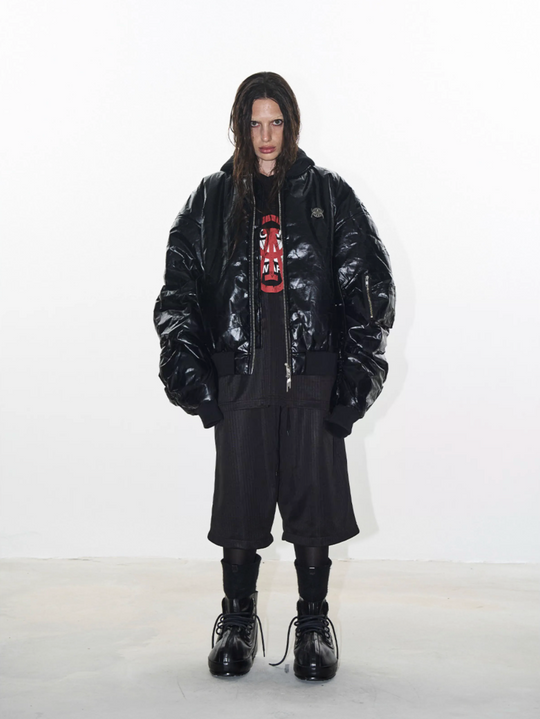 BLIND NO PLAN Crackle-Textured Hooded Bomber Jacket | Face 3 Face