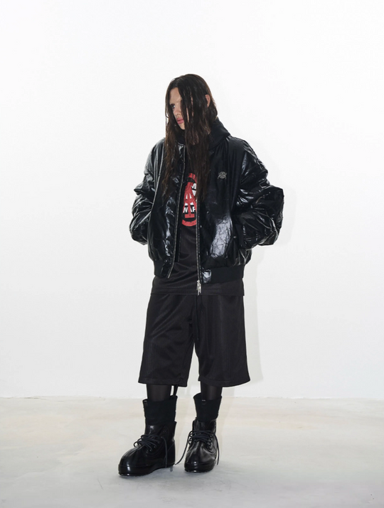 BLIND NO PLAN Crackle-Textured Hooded Bomber Jacket | Face 3 Face