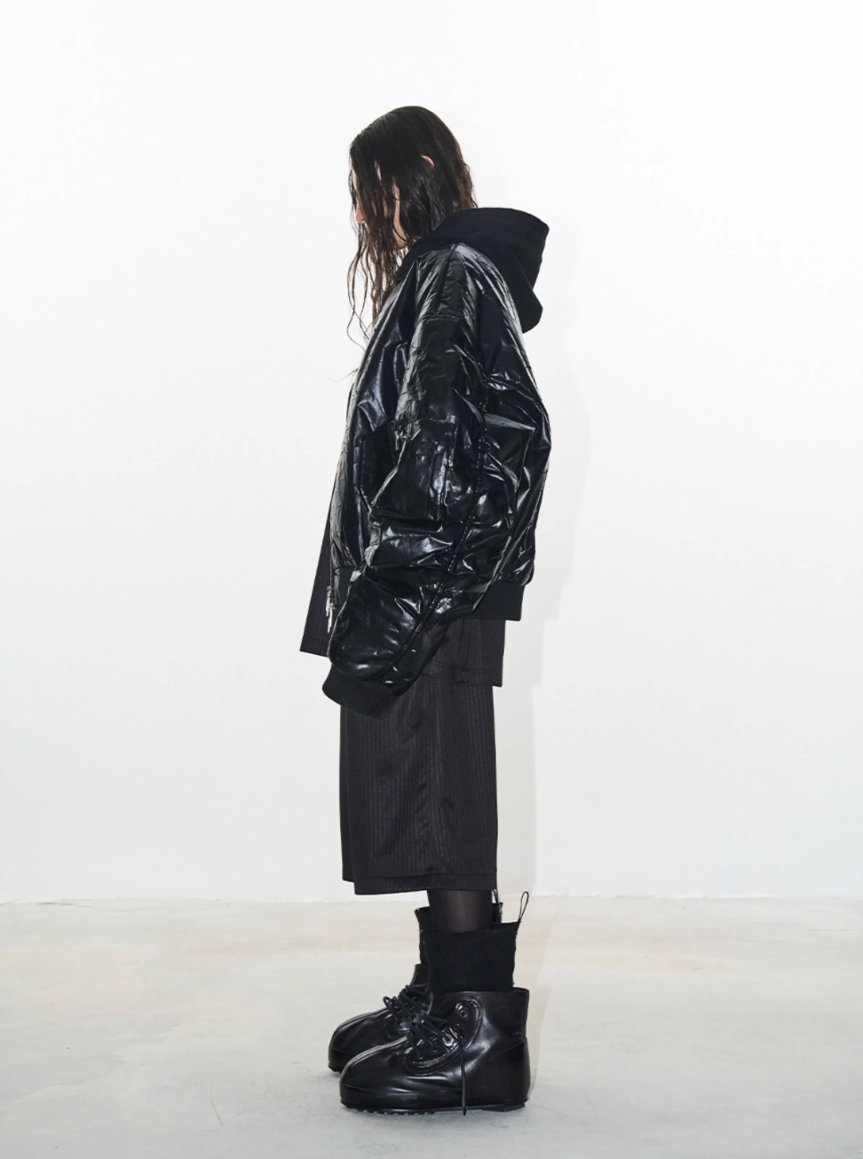 BLIND NO PLAN Crackle-Textured Hooded Bomber Jacket | Face 3 Face