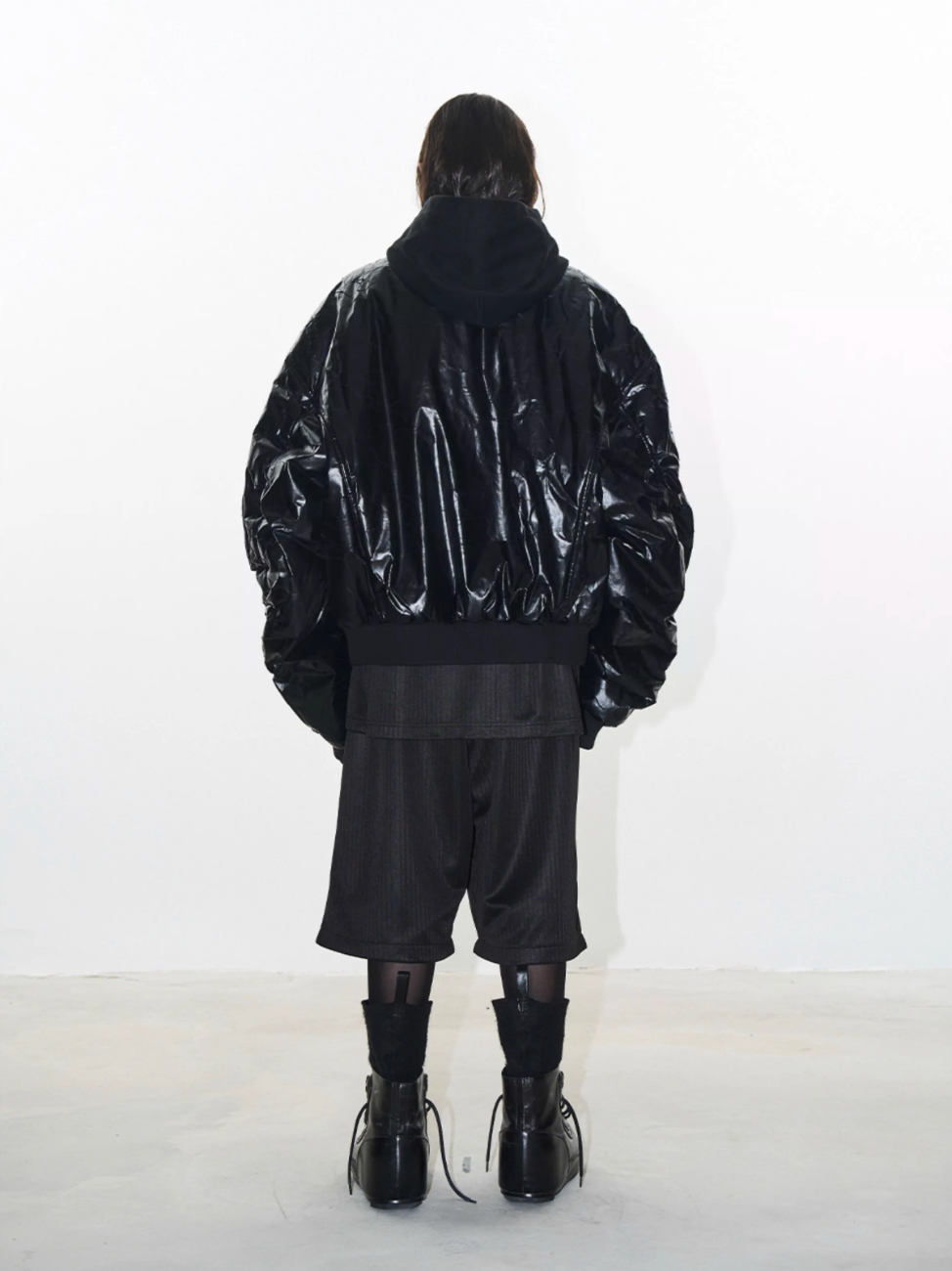 BLIND NO PLAN Crackle-Textured Hooded Bomber Jacket | Face 3 Face