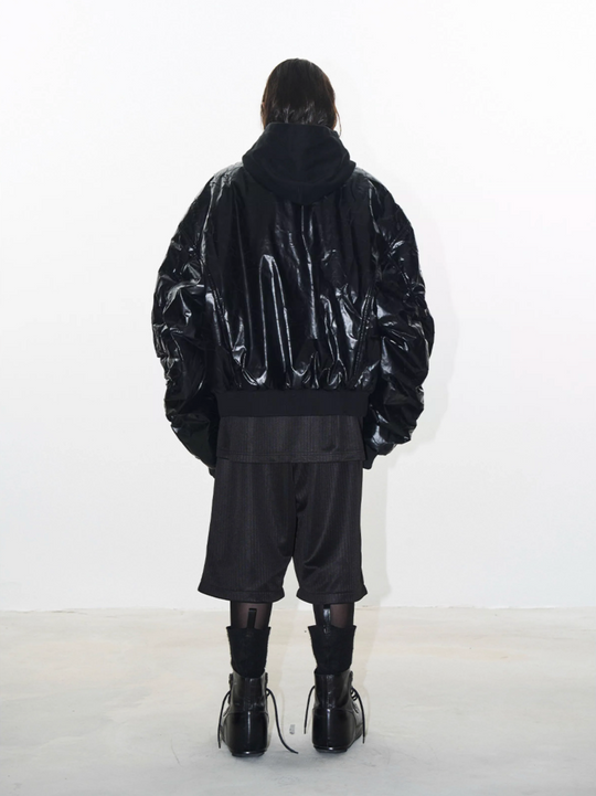 BLIND NO PLAN Crackle-Textured Hooded Bomber Jacket | Face 3 Face