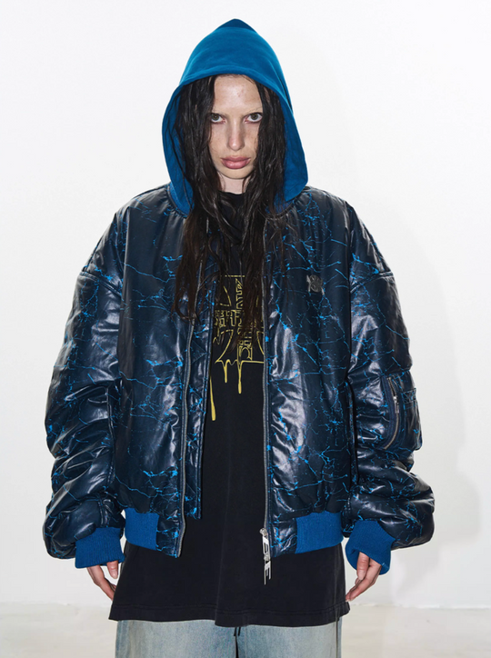 BLIND NO PLAN Crackle-Textured Hooded Bomber Jacket | Face 3 Face