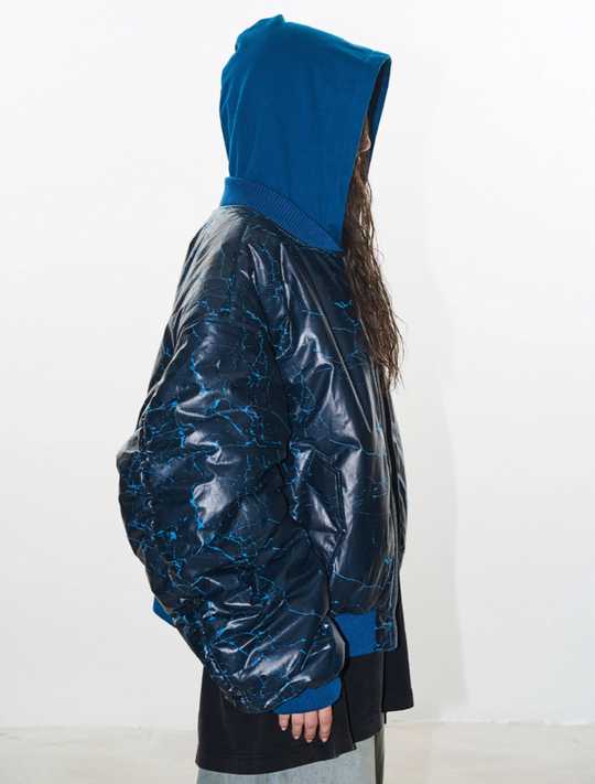 BLIND NO PLAN Crackle-Textured Hooded Bomber Jacket | Face 3 Face