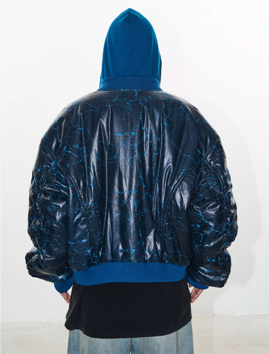 BLIND NO PLAN Crackle-Textured Hooded Bomber Jacket | Face 3 Face