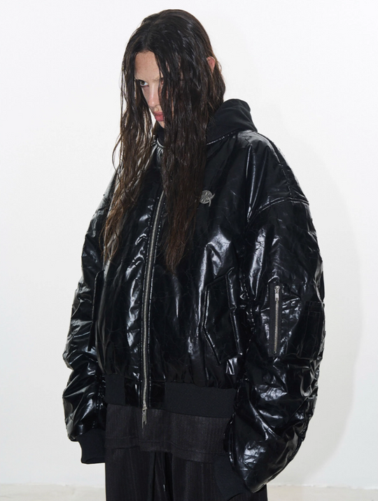 BLIND NO PLAN Crackle-Textured Hooded Bomber Jacket | Face 3 Face