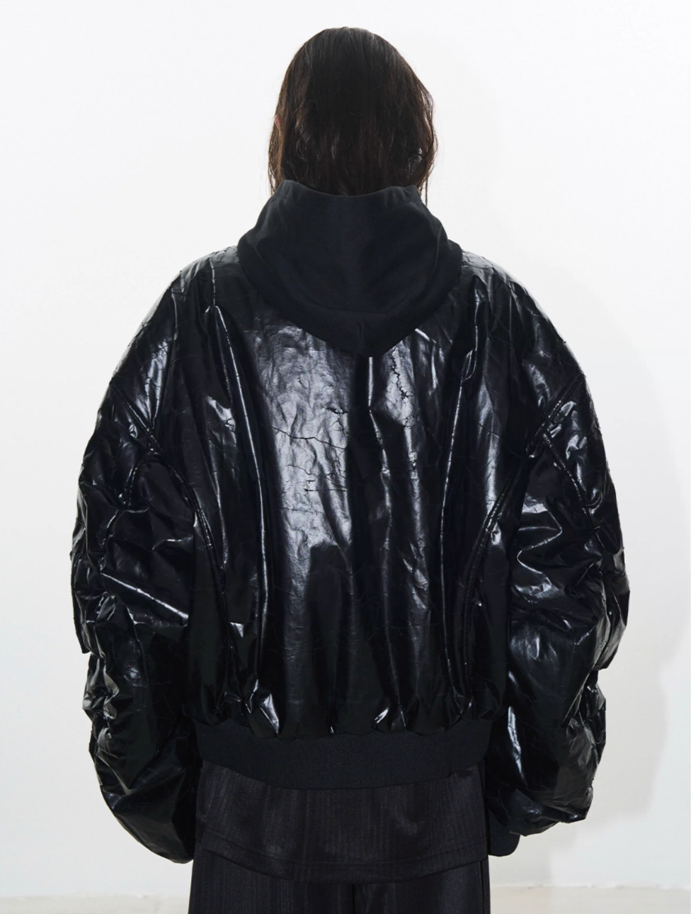 BLIND NO PLAN Crackle-Textured Hooded Bomber Jacket | Face 3 Face