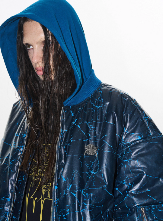 BLIND NO PLAN Crackle-Textured Hooded Bomber Jacket | Face 3 Face