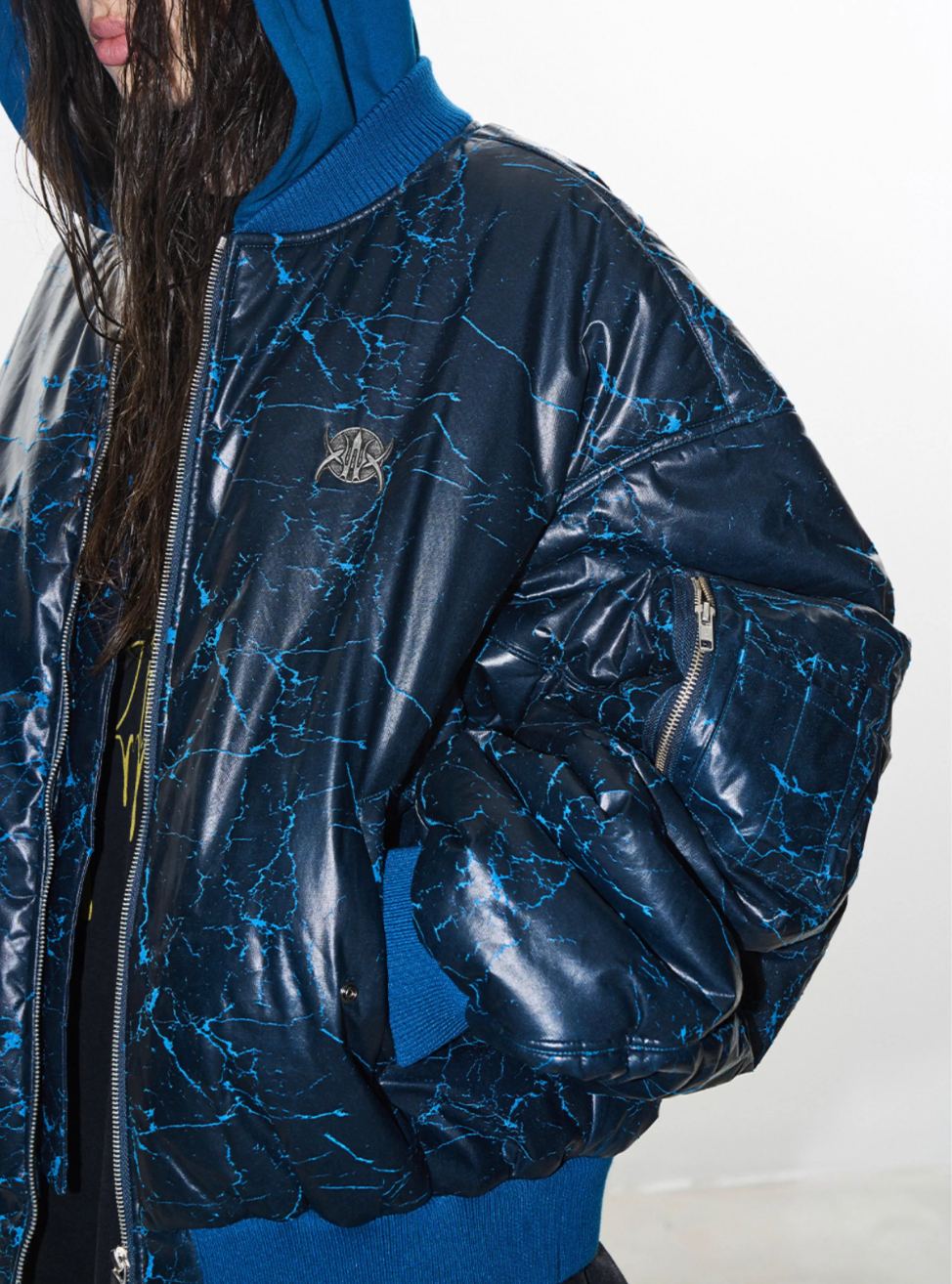 BLIND NO PLAN Crackle-Textured Hooded Bomber Jacket | Face 3 Face