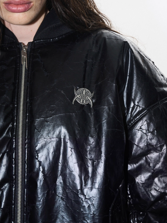 BLIND NO PLAN Crackle-Textured Hooded Bomber Jacket | Face 3 Face