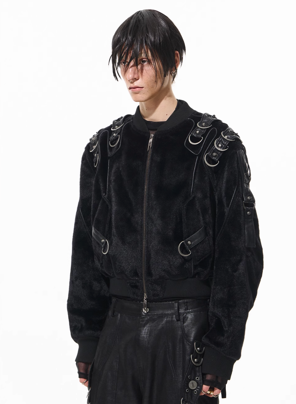 BLIND NO PLAN Metal-Embellished Fur Bomber Jacket | Face 3 Face