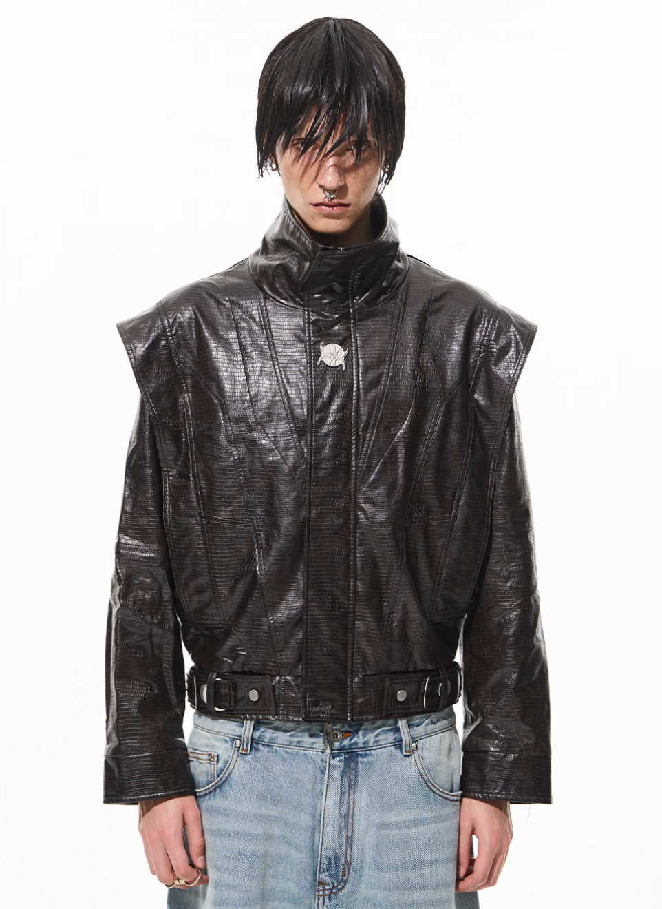 BLIND NO PLAN Crocodile Pattern Metal Belt Faux Leather Jacket | Face 3 Face