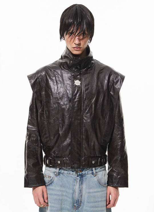 BLIND NO PLAN Crocodile Pattern Metal Belt Faux Leather Jacket | Face 3 Face