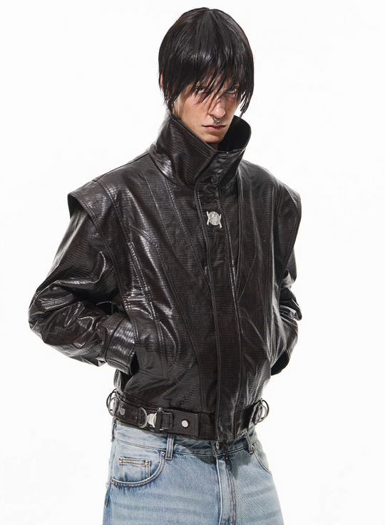 BLIND NO PLAN Crocodile Pattern Metal Belt Faux Leather Jacket | Face 3 Face