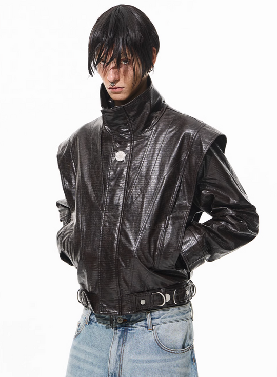 BLIND NO PLAN Crocodile Pattern Metal Belt Faux Leather Jacket | Face 3 Face