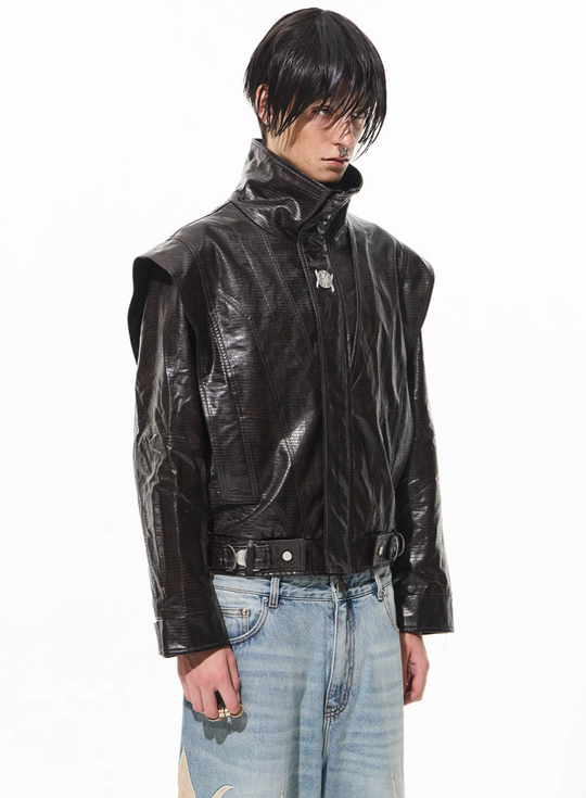 BLIND NO PLAN Crocodile Pattern Metal Belt Faux Leather Jacket | Face 3 Face