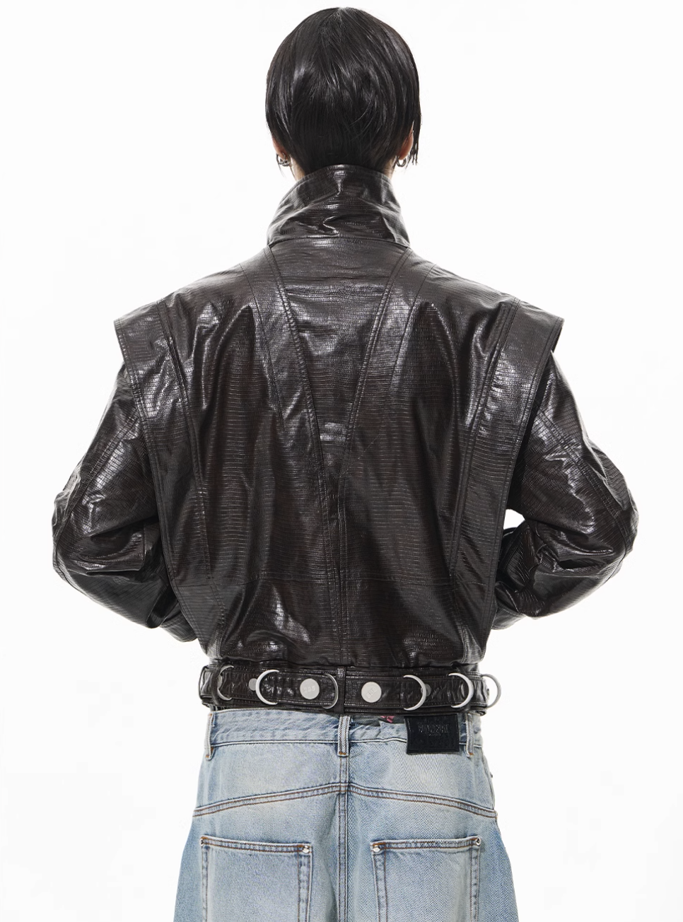BLIND NO PLAN Crocodile Pattern Metal Belt Faux Leather Jacket | Face 3 Face