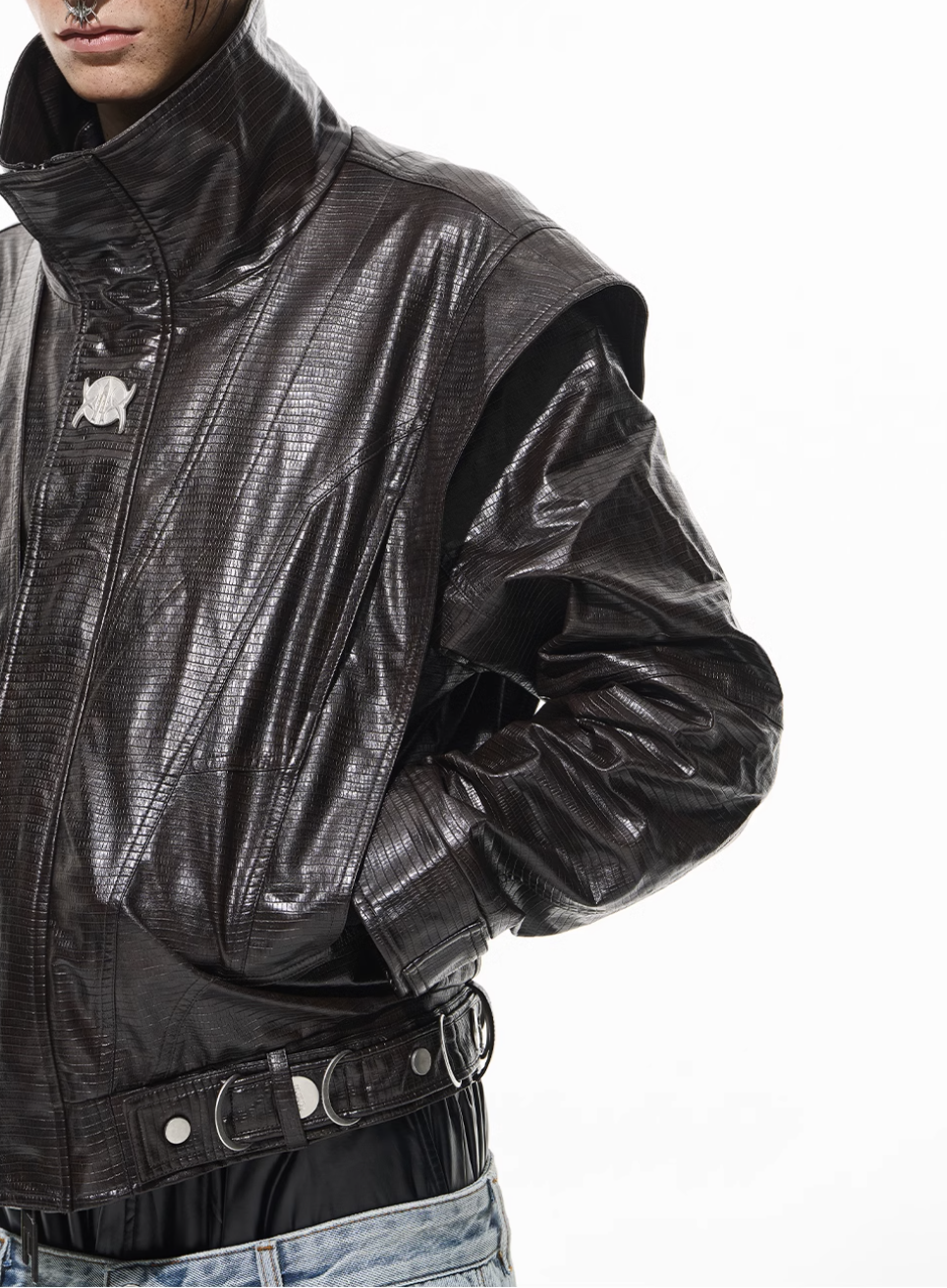 BLIND NO PLAN Crocodile Pattern Metal Belt Faux Leather Jacket | Face 3 Face