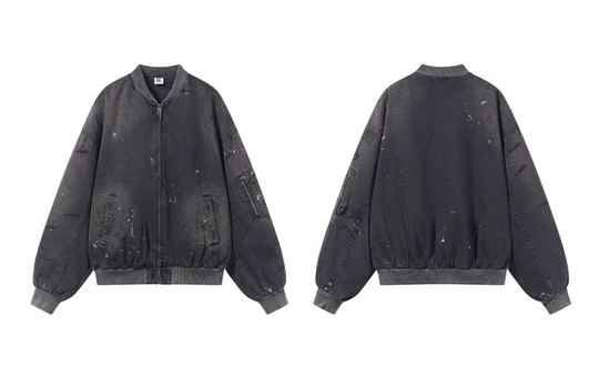 BLIND NO PLAN Washed and Distressed Ink Splattered MA-1 Bomber Jacket | Face 3 Face