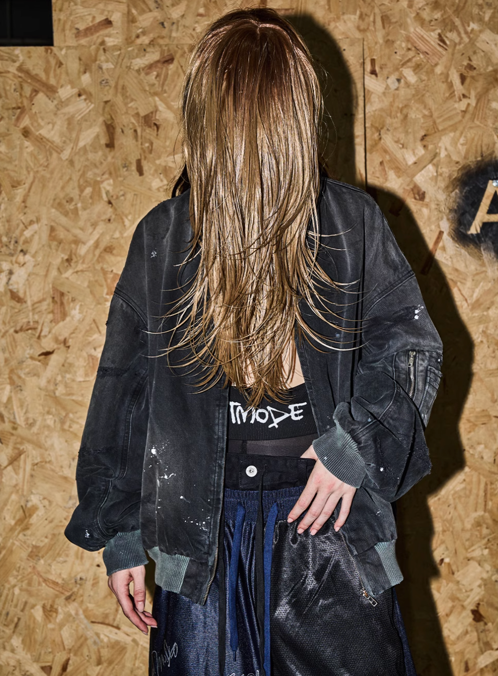 BLIND NO PLAN Washed and Distressed Ink Splattered MA-1 Bomber Jacket | Face 3 Face