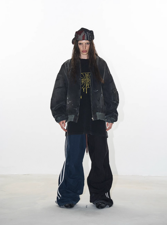 BLIND NO PLAN Washed and Distressed Ink Splattered MA-1 Bomber Jacket | Face 3 Face