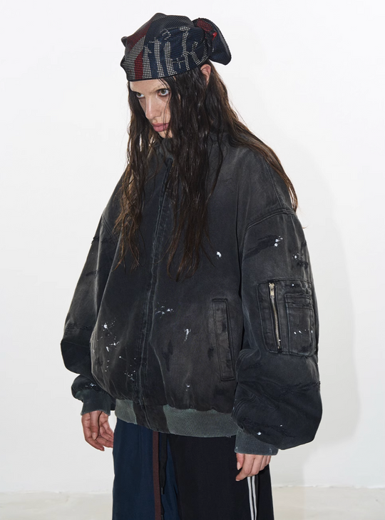 BLIND NO PLAN Washed and Distressed Ink Splattered MA-1 Bomber Jacket | Face 3 Face