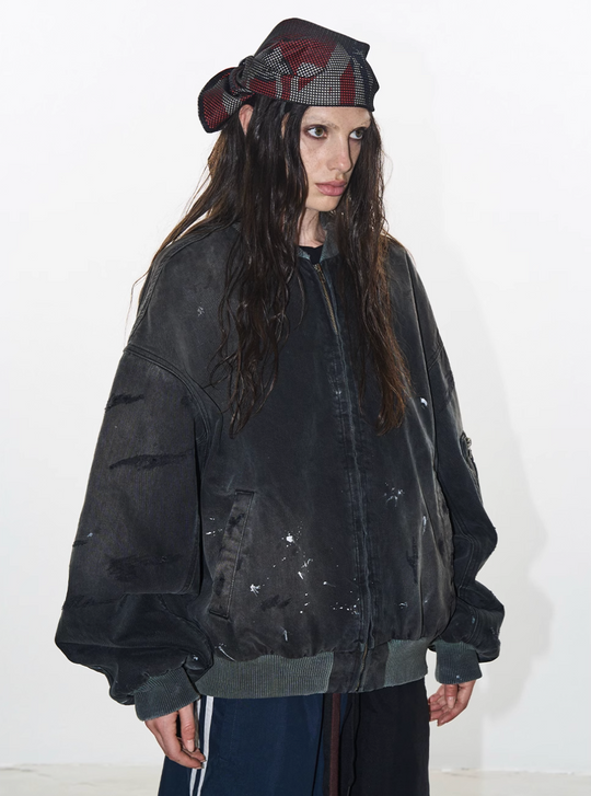 BLIND NO PLAN Washed and Distressed Ink Splattered MA-1 Bomber Jacket | Face 3 Face