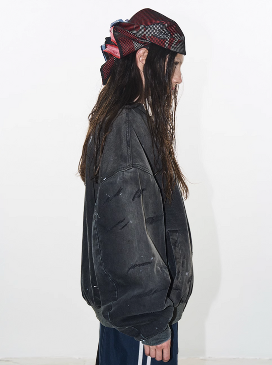 BLIND NO PLAN Washed and Distressed Ink Splattered MA-1 Bomber Jacket | Face 3 Face