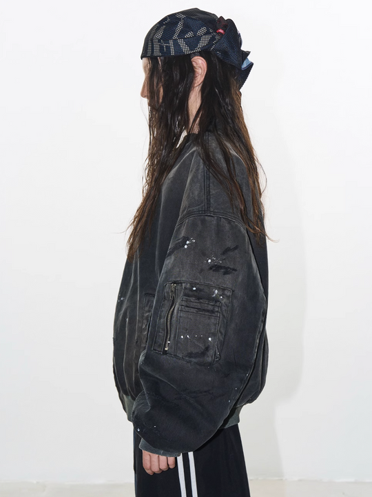 BLIND NO PLAN Washed and Distressed Ink Splattered MA-1 Bomber Jacket | Face 3 Face