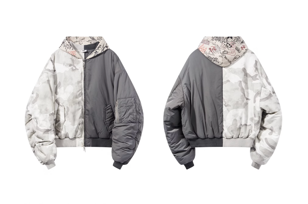 BLIND NO PLAN Graffiti Print Hooded Mixed Fabrics MA-1 Bomber Jacket | Face 3 Face