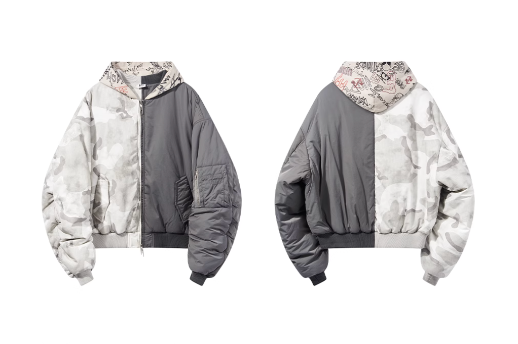 BLIND NO PLAN Graffiti Print Hooded Mixed Fabrics MA-1 Bomber Jacket | Face 3 Face