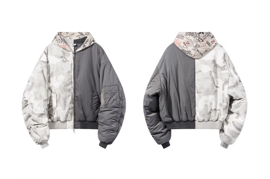 BLIND NO PLAN Graffiti Print Hooded Mixed Fabrics MA-1 Bomber Jacket | Face 3 Face