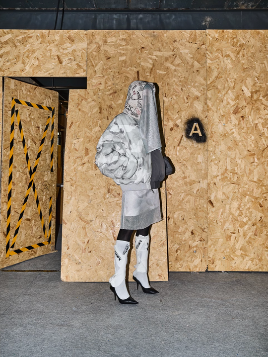 BLIND NO PLAN Graffiti Print Hooded Mixed Fabrics MA-1 Bomber Jacket | Face 3 Face