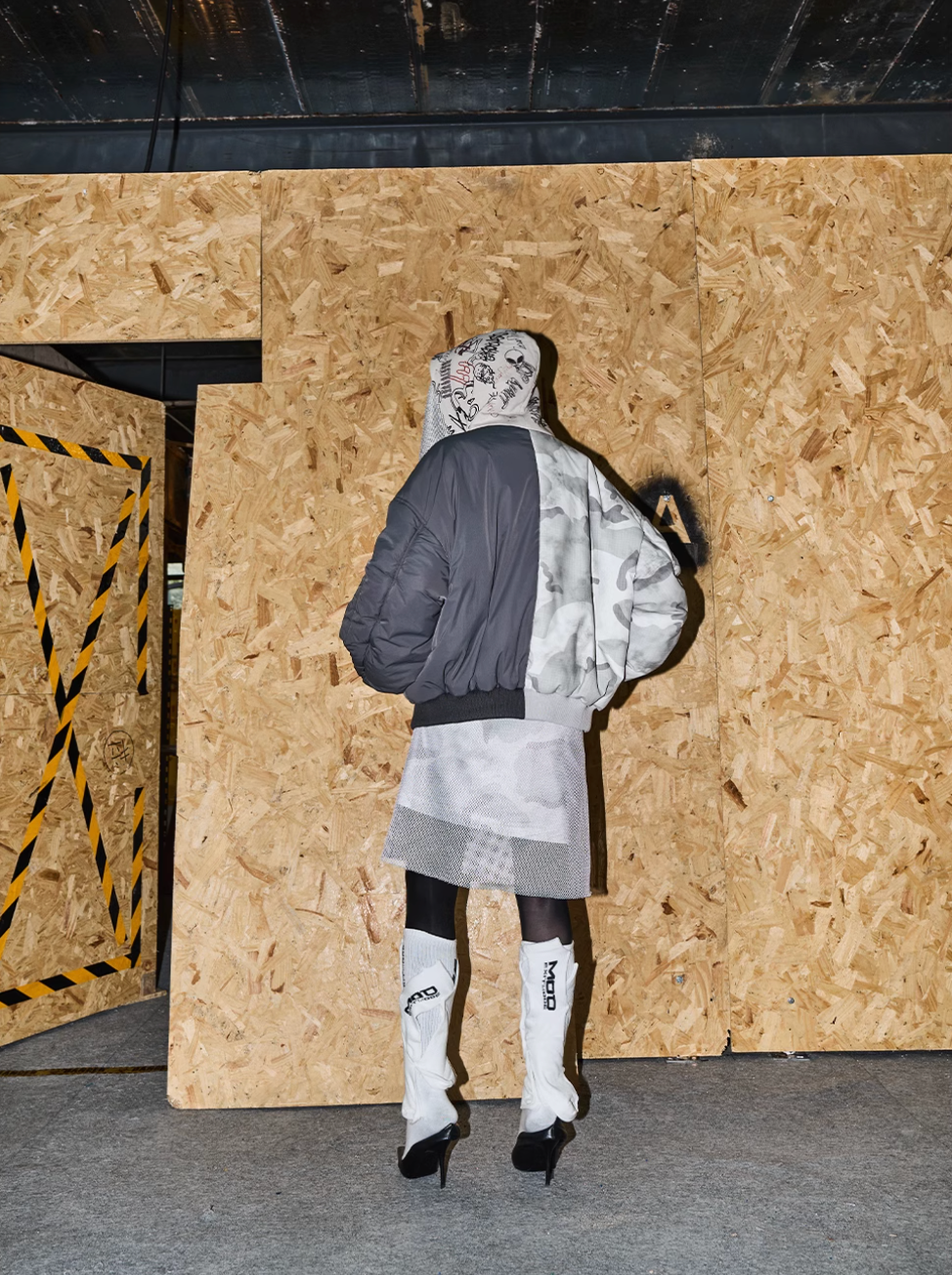 BLIND NO PLAN Graffiti Print Hooded Mixed Fabrics MA-1 Bomber Jacket | Face 3 Face