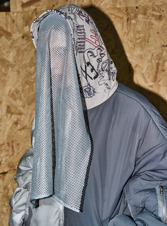 BLIND NO PLAN Graffiti Print Hooded Mixed Fabrics MA-1 Bomber Jacket | Face 3 Face