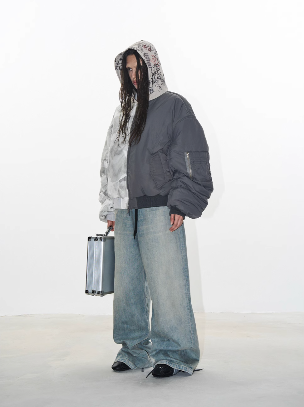 BLIND NO PLAN Graffiti Print Hooded Mixed Fabrics MA-1 Bomber Jacket | Face 3 Face