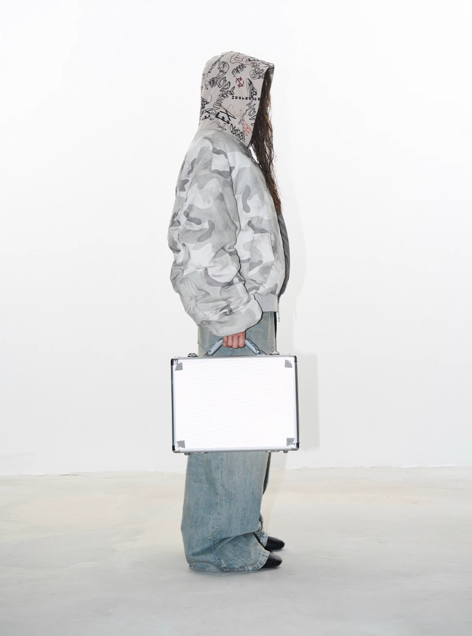 BLIND NO PLAN Graffiti Print Hooded Mixed Fabrics MA-1 Bomber Jacket | Face 3 Face