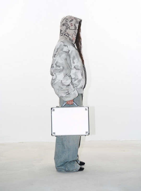 BLIND NO PLAN Graffiti Print Hooded Mixed Fabrics MA-1 Bomber Jacket | Face 3 Face