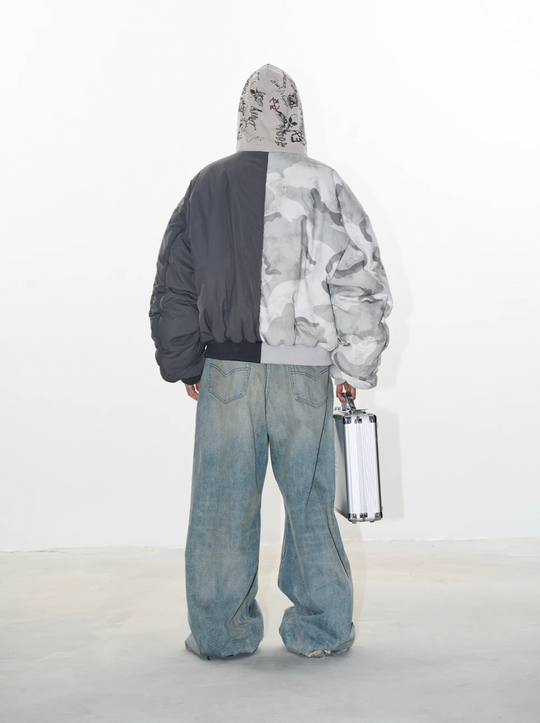 BLIND NO PLAN Graffiti Print Hooded Mixed Fabrics MA-1 Bomber Jacket | Face 3 Face