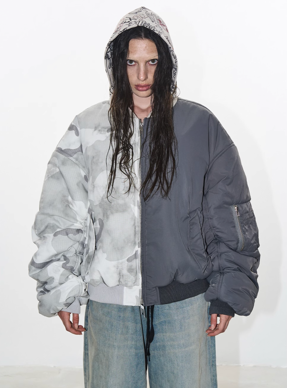 BLIND NO PLAN Graffiti Print Hooded Mixed Fabrics MA-1 Bomber Jacket | Face 3 Face