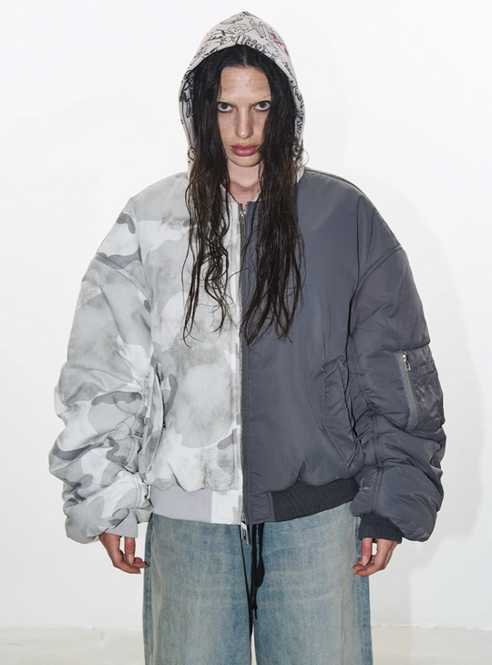 BLIND NO PLAN Graffiti Print Hooded Mixed Fabrics MA-1 Bomber Jacket | Face 3 Face